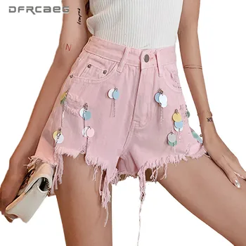 

Pink Women's Ripped Summer Denim Shorts With Sequins 2020 Hight Waist Streetwear Personality Hot Short Jeans Trousers Ladies