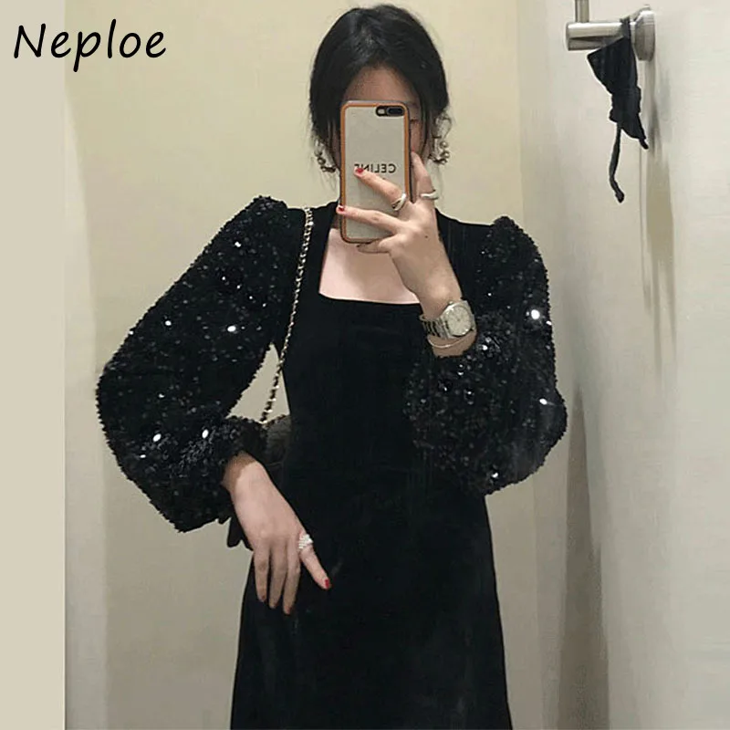 Шикарные черные платья Neploe с квадратным вырезом и блестками для женщин бархатное