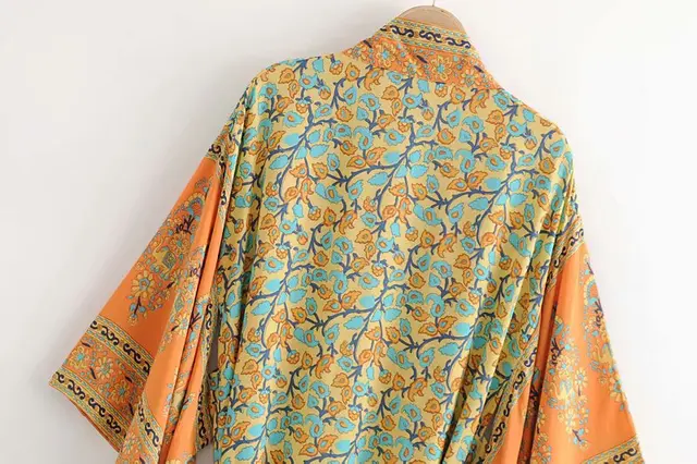 Vintage chic Women  yellow Floral Print Sashes  bohemian Kimono Ladies V Neck batwing Sleeves  Boho Maxi dress robe 5