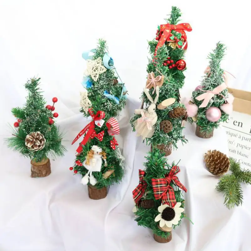 

Mini Artificial Christmas Tree Desktop New Year Round Wood Base Home Desk Display Ornaments Xmas Decorations Black Friday 2018