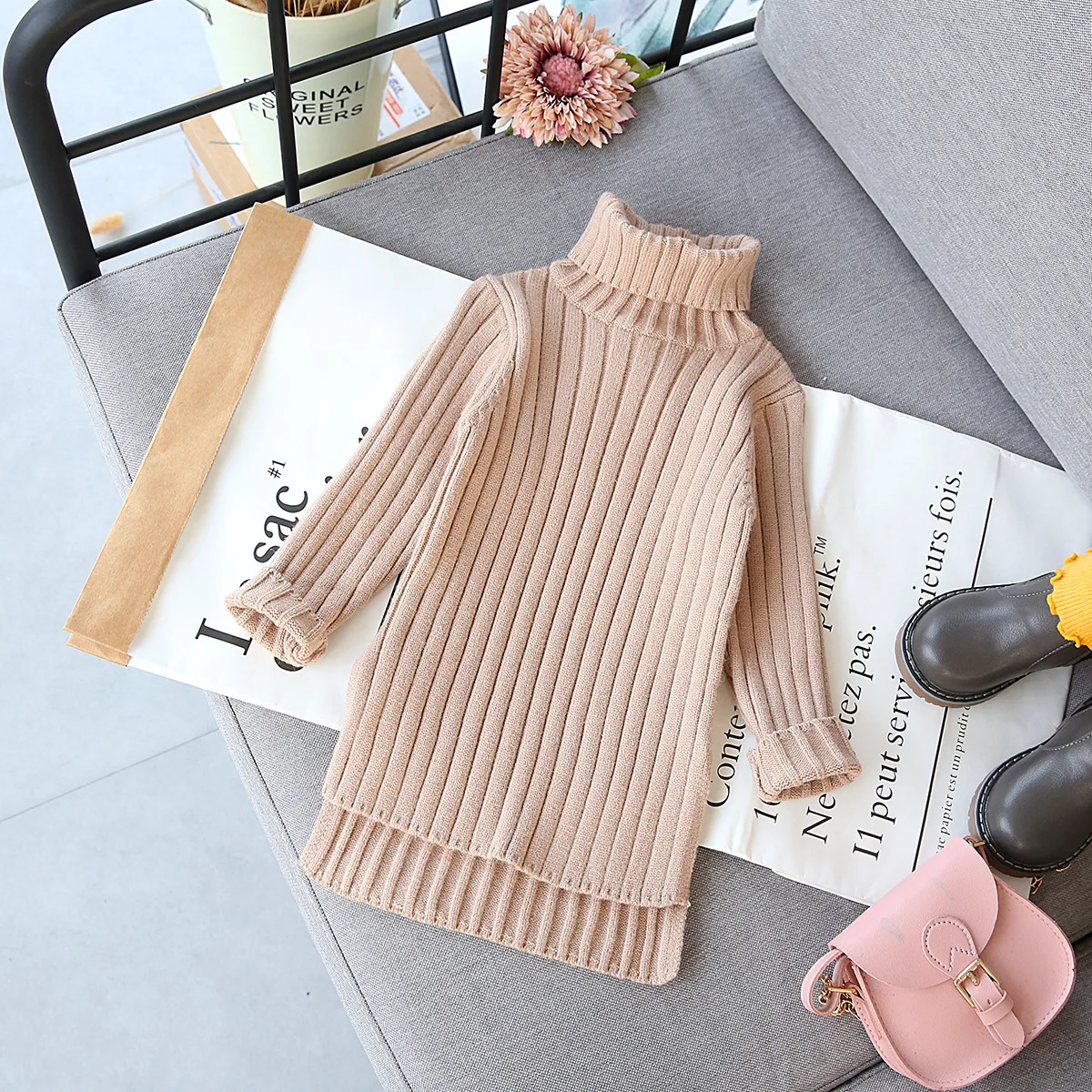 

And Offspring Spinning Childrenswear Mid-length Kids' Sweater Girls 2018 Winter New Style Slit Base Sweater My1002