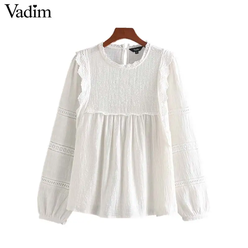 Vadim, милый, женский, кружевной, с вырезами, белая блузка, длинный рукав, плиссированные Женские повседневные рубашки, однотонные, шикарные топы, blusas LB490