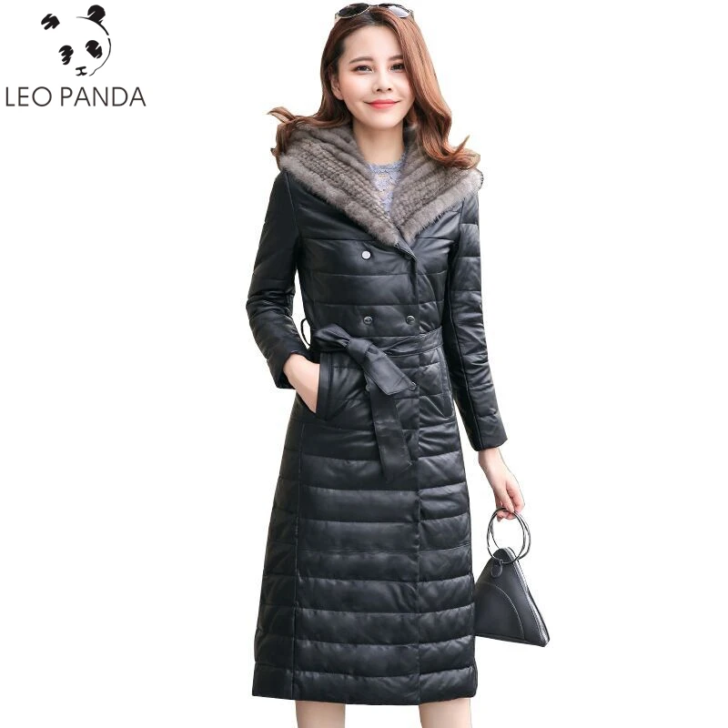 Winter New Women's Leather Jacket Long Down Jacket Mink Fur Collar Coat Thicken Fashion Slim Hooded Jackets Parka Female