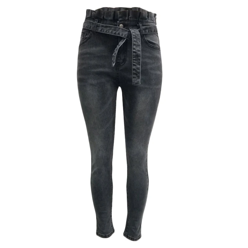 Women Slim Bow Tie Casual Solid High Waist Skinny Jeans Ladies Fashion Zipper Pockets All-match Streetwear Pencil Pants SJ4655U