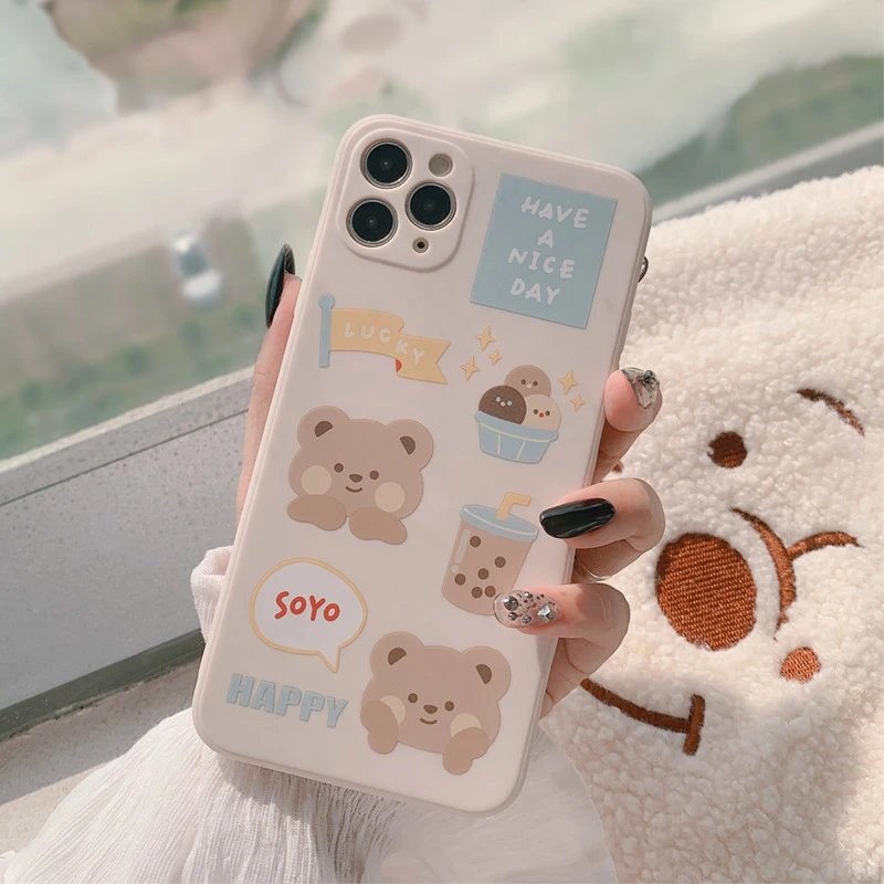 Ins Korean Illustration Bear Cartoon Phone Case For Iphone 12 Mini 11 Pro Max Case Cute Cover For Iphone Xs Max Xr 7 8 Plus Case Phone Case Covers Aliexpress