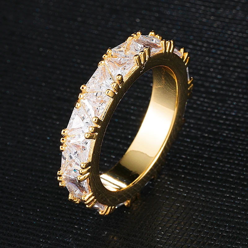 US7 1 ряд треугольник CZ Iced Out Bling кубический циркон очаровательные кольца Золотое