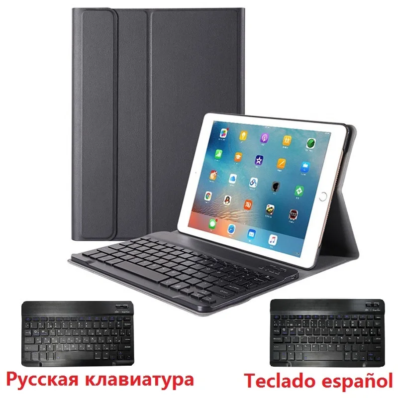 Тонкий чехол для iPad 2018, чехол с клавиатурой A1822, A1893, съемный чехол с клавиатурой с искусственным интерфейсом 2018, 5, 6, чехол с русской и испанск...
