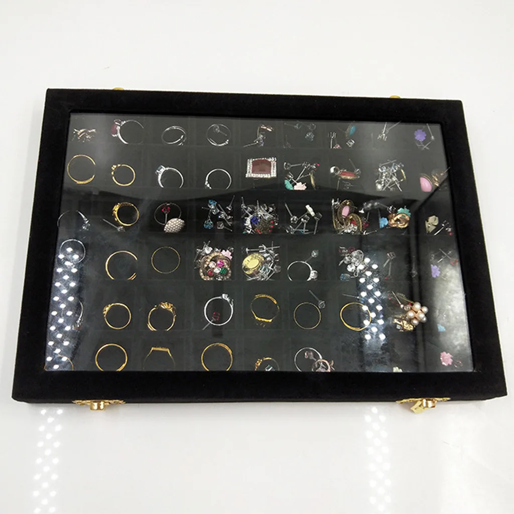 Velvet Jewelry TRay Lockable Box Ring Gemstone Diamond Storage w/ Glass Lid Case