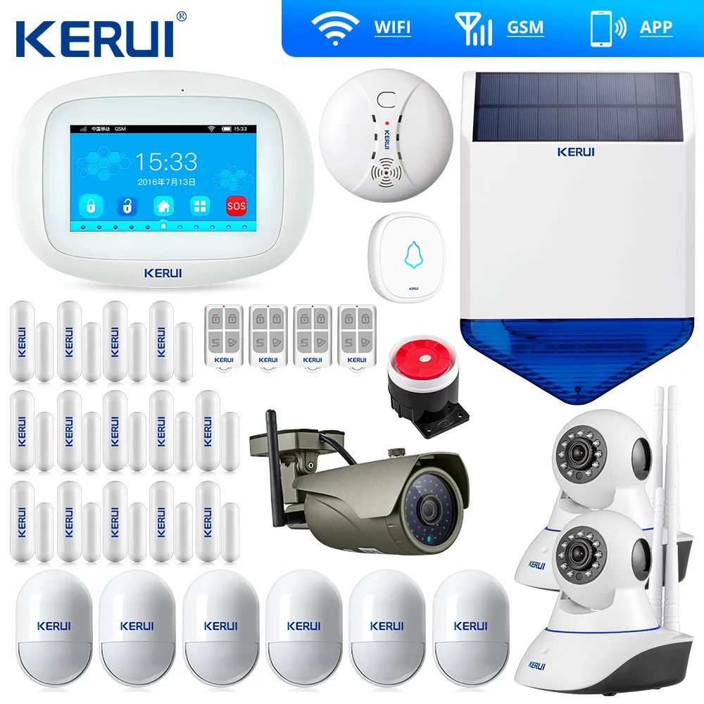 Kit2 Kerui K52, сенсорный экран, wifi, GSM сигнализация, охранная домашняя сигнализация, умный дом, дверь, открытая, напоминание, wifi, ip-камера, Солнечная Сирена - Цвет: Kit2