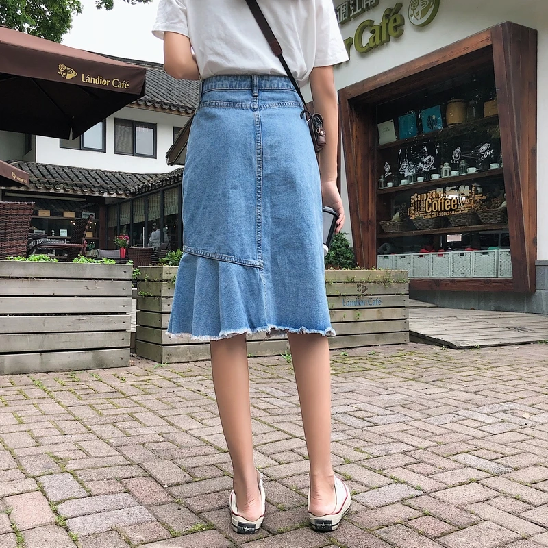 Высокая улица S-XL размера плюс миди Корейская Юбка Джинсы Femme однобортный Карманы Повседневная Высокая Талия гофрированная Женская Осенняя юбка