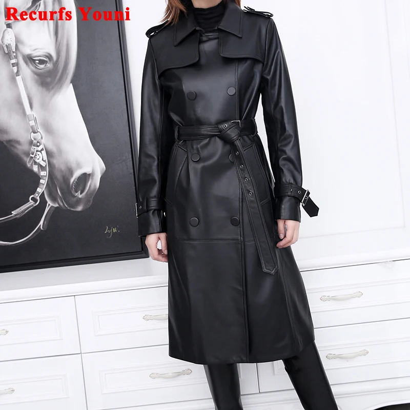 여성용 가죽 코트, 더블 브레스트 양가죽 빅 포켓 벨트, 슬림 윈드 브레이커 재킷, 최고 품질, 베이지, 스타일리시 로파