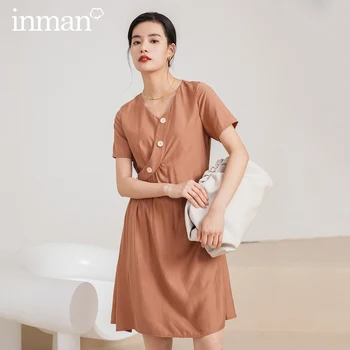 

INMAN Office Artsy Style 2020 Summer New Arrival Short Sleeve Elegant Women Lady Knee-Length Button Design Dress