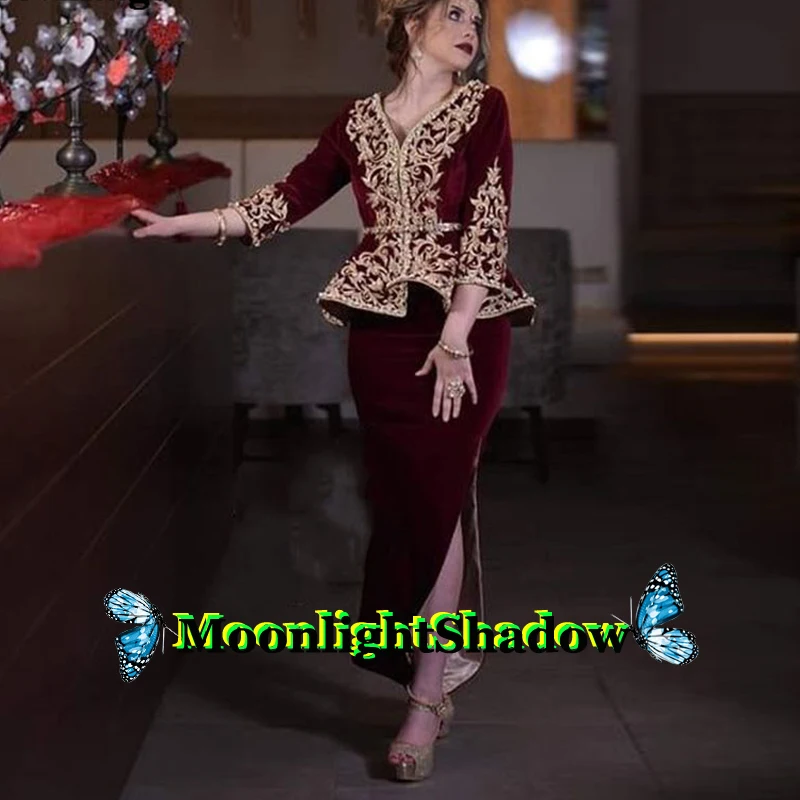 

Burgundy Velvet Mermaid Moroccan Kaftan Appliques Half Sleeves Algerian Arabic Saudi Arabian Vestidos De Festa Wedding Party