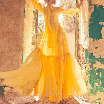

Gedivoen Elegant Party Solid Yellow Spring Dress Women Bow Collar Patchwork Ruffles A Line Dress Fashion Female Midi Dresses
