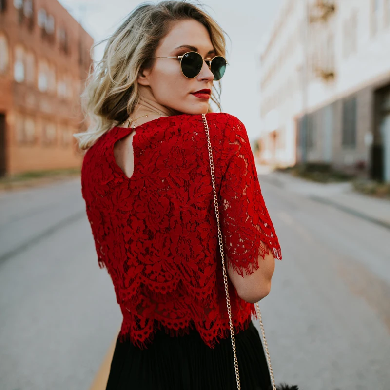 2019 Red Loose Blouse Women Short Sleeve Tops Shirt Casual Lace Tops Shirt Fashion Women Ladies Clothing Tops