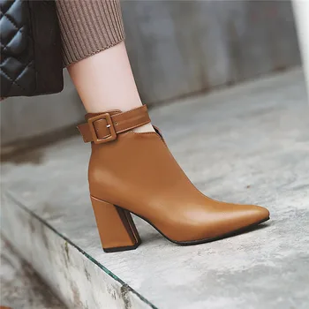 

2018 Autumn Winter Ladies Buckle Strap Ankle Boots Stable Hih Hoof Heel Shoe Brown Black Pointed Toe Short Boot Female