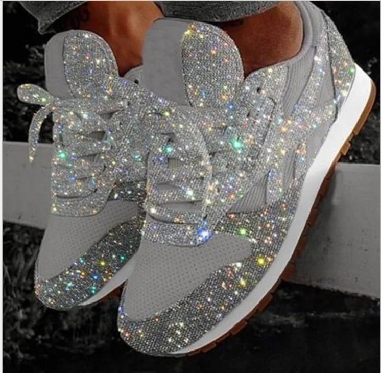 

2019 Autumn Women Flat Glitter Sneakers Casual Female Mesh Lace Up Bling Platform Comfort Plus Size Vulcanized Shoes