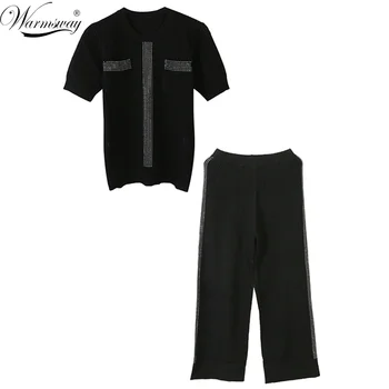 

Spring Summer 2020 Women's Set Round Neck T-shirt Contrast Color Diamond Striped Splicing Pullover Top + Knitted Trousers CY-179