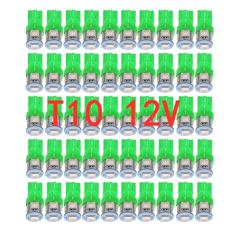 

50Pcs Green T10 W5W 5050 5SMD 168 194 192 DC 12V License Plate Led Bulbs For Car Interior Lights Reading Light Trunk Light Bulb