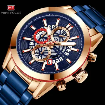 

MINIFOCUS Sports Chronograph Quartz Watch Men Blue Stainless Steel Strap Fashion Casual Watches Waterproof Male Clock 2020 NEW