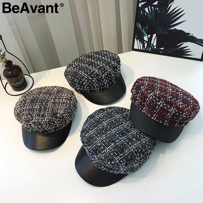 

BeAvant Casual plaid tweed military cap women Streetwear fashion ladies painter hats Autumn winter female beret hat female caps