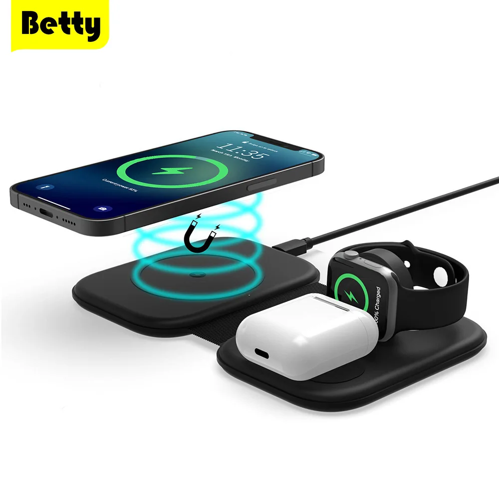 Betty 3 in 1 Wireless Charger iPhone for 12 Pro Magnetic station Airpods iWatch Charger adapter Magsafing wireless chargers