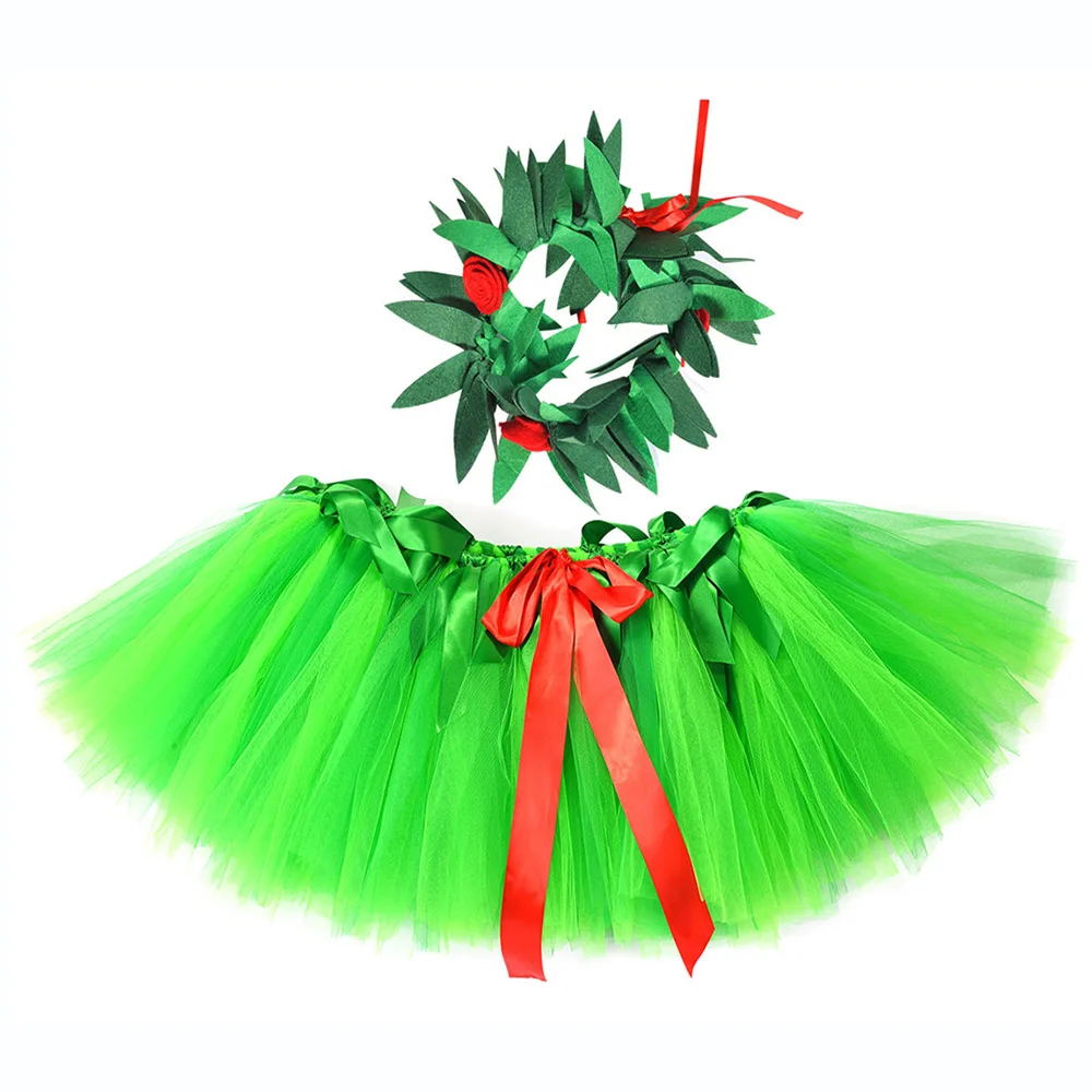 Girls Skirt with Hat Детские Рождественские балетные юбки-пачки для маленьких девочек Нарядный гавайский танец хула, костюм зеленая лента, листья, фатиновая юбка с соломенной шляпой - Цвет: Girls Skirt with Hat