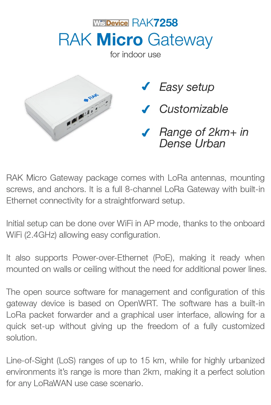 RAK Micro Gateway WisDevice RAK7258 внутренний лораван шлюз. MT7628, DDR2RAM 128 Мб, 8 каналов