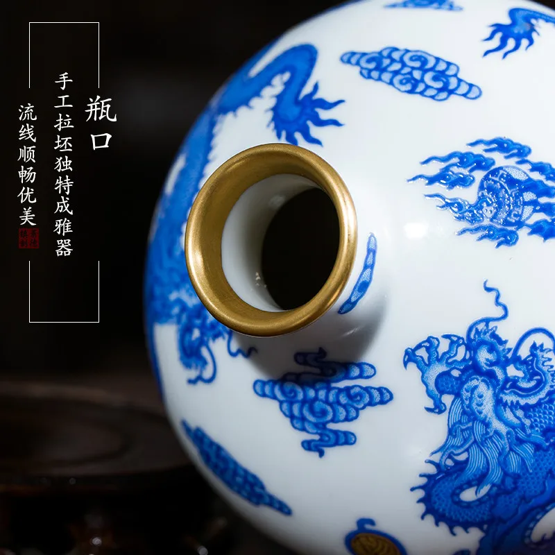 Antique Jingdezhen Blue and White Ceramic Decorative Dragon Flower Vase