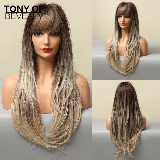Long Straight Brown Ombre Natural Hair Wigs Middle Part Heat Resistant Synthetic Wigs for Afro Women Daily Cosplay Fashion Wigs lc5220-1