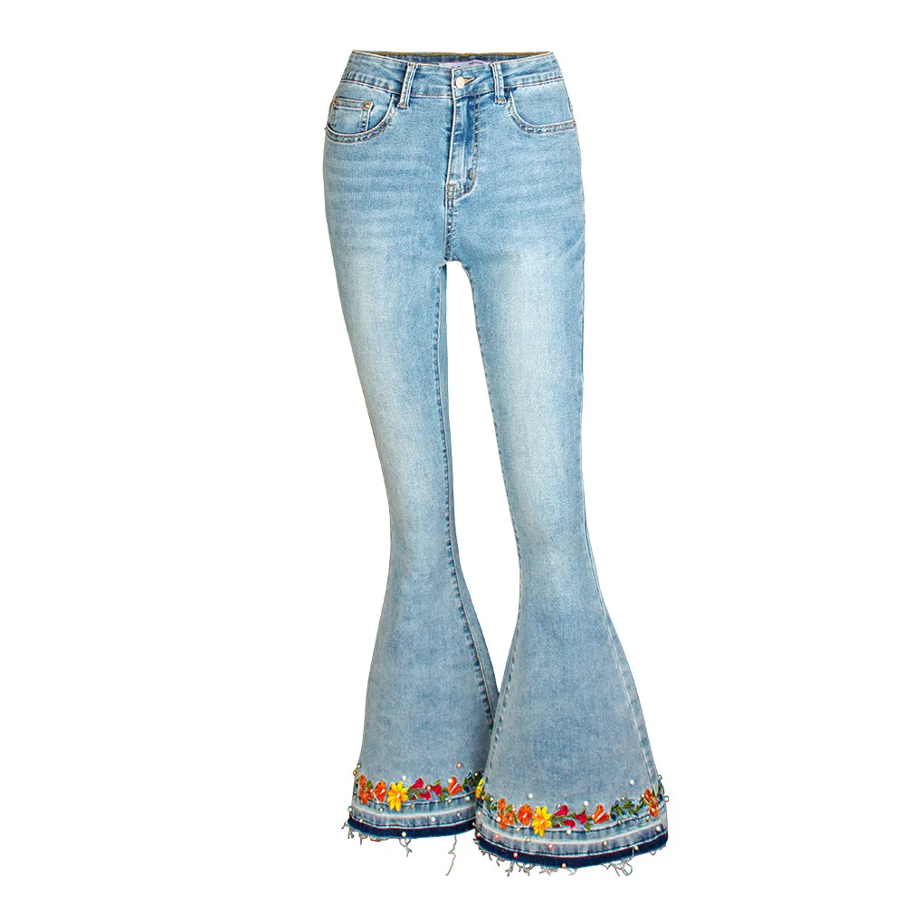 Pearl Jeans Embroidery Flower Flare Jeans High Waist Women Fashion Blue Skinny Push Up Denim Pants Sale Items Free Shiping