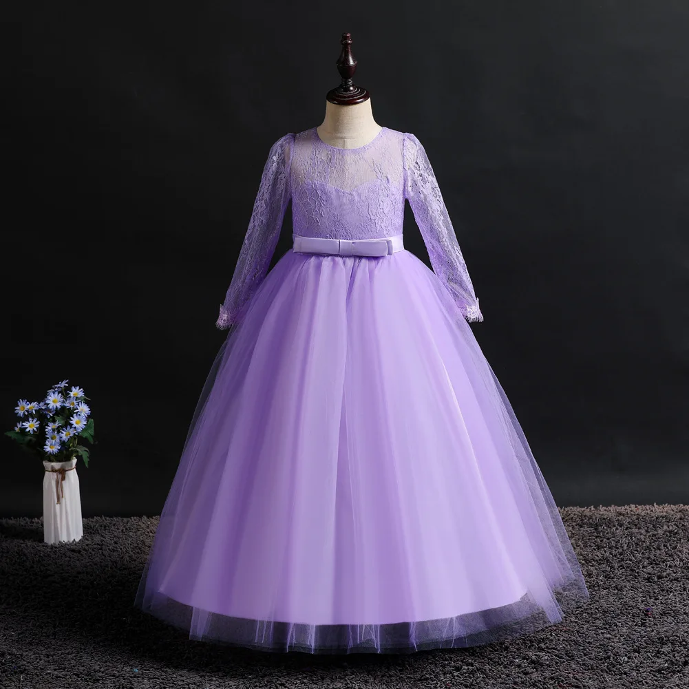 AliExpress однотонное платье для девочек торжественное кружевное платье с вышивкой и длинными рукавами пышное платье принцессы