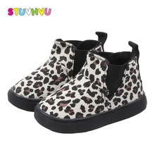 Зимние детские ботинки с леопардовым принтом для девочек, модные парусиновые ботинки с мягкой подошвой, бархатные теплые детские ботинки martin для девочек