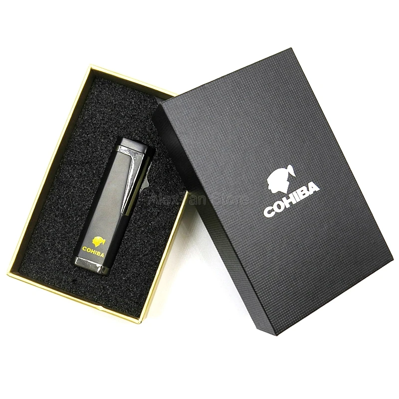 COHIBA высококачественная металлическая ветрозащитная Зажигалка для сигарет 3 фонарь струйный огонь с пробивкой желтый W/Подарочная коробка