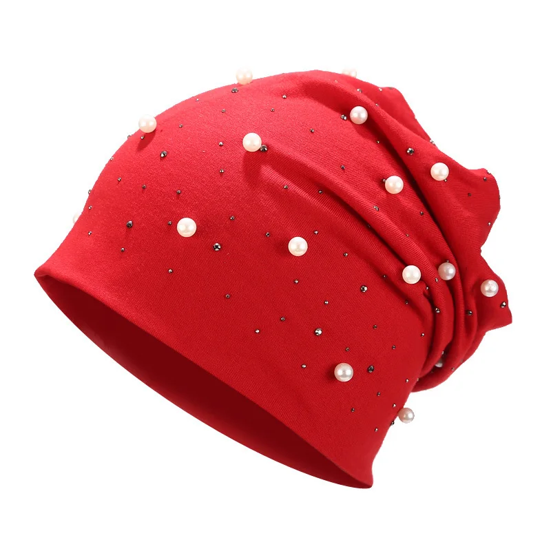 Модная Повседневная Женская осенне-зимняя шапка Skullies Beanies, блестящие жемчужные стразы, Шапки Beanies Bonnet Gorros - Цвет: Красный