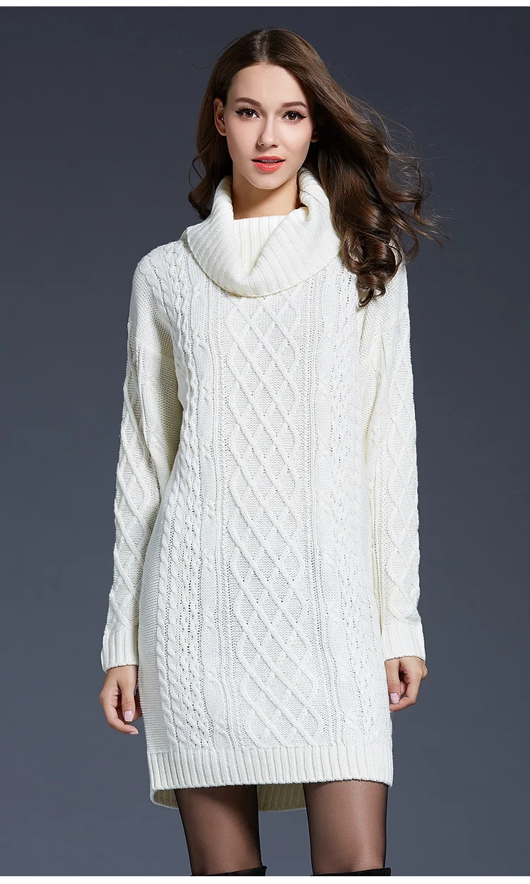 Осень-зима, женское вязаное платье, женский свитер с высоким воротом, большой размер, платья для девушек, длинный рукав, толстый теплый свитер