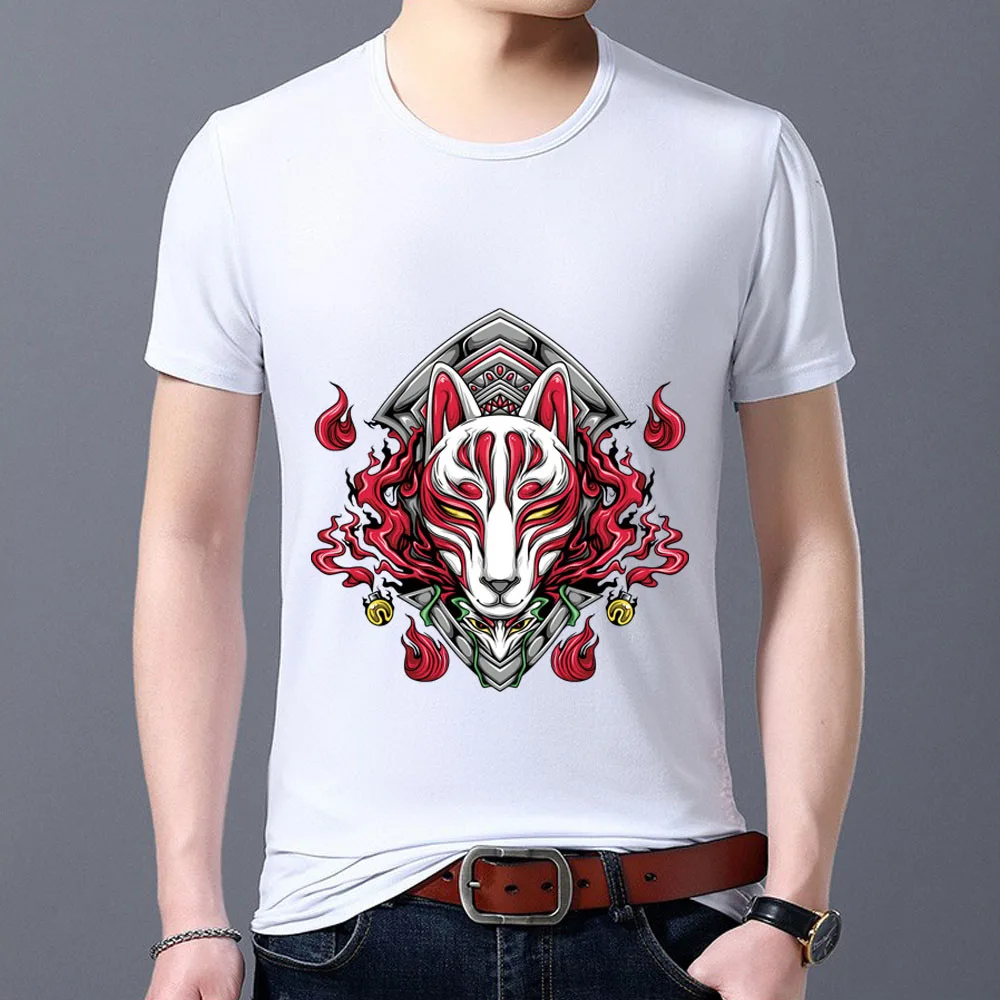 

Men's Street T-shirt White Wild Basic Short Sleeve Top Japanese Manga Firefox Mask Pattern Series Men's T-shirt O-neck Clothes