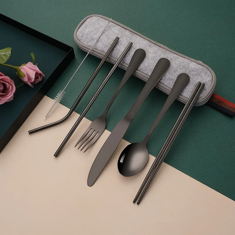 Stainless Steel Travel Tableware Set 7pcs Portable Creative Western Cutlery Knife Spoon Straw Set