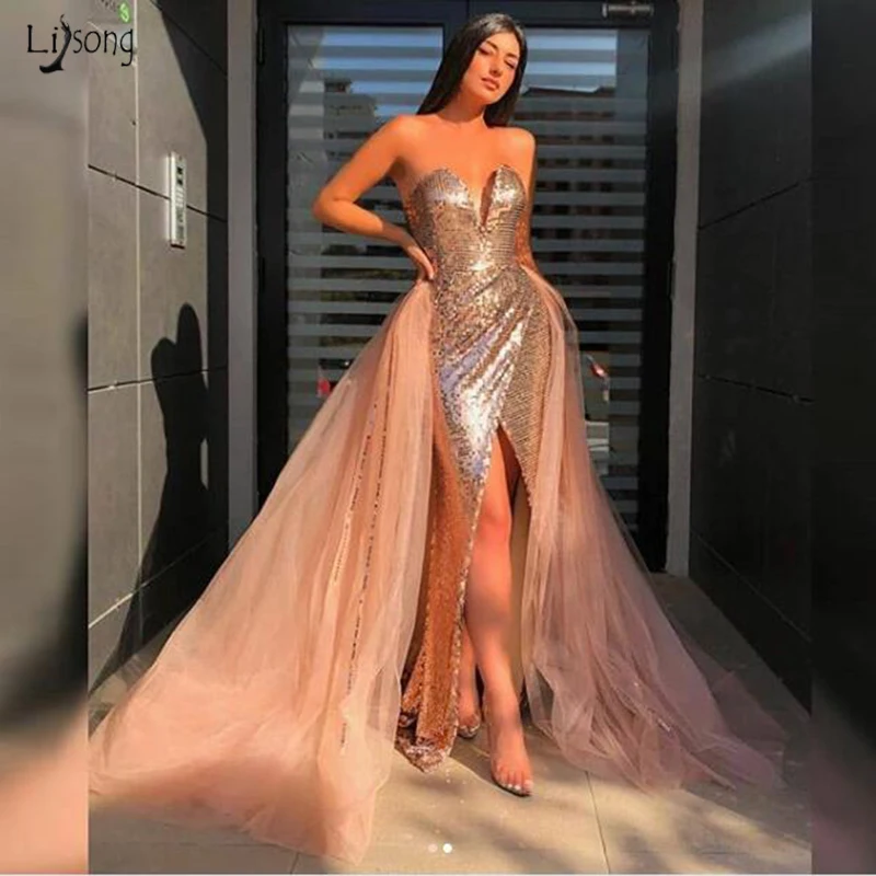 rose gold Дубай розовое золото сексуальный разрез Вечерние платья Съемный Поезд Милая со сверкающими блестками платье-Русалка на выпускной халат De Soiree - Цвет: rose gold
