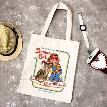

Caring for Your Demon Cat Letter Print Summer Women Casual Shoulder Bag Large Capacity Cartoon Print Canvas Harajuku Bags