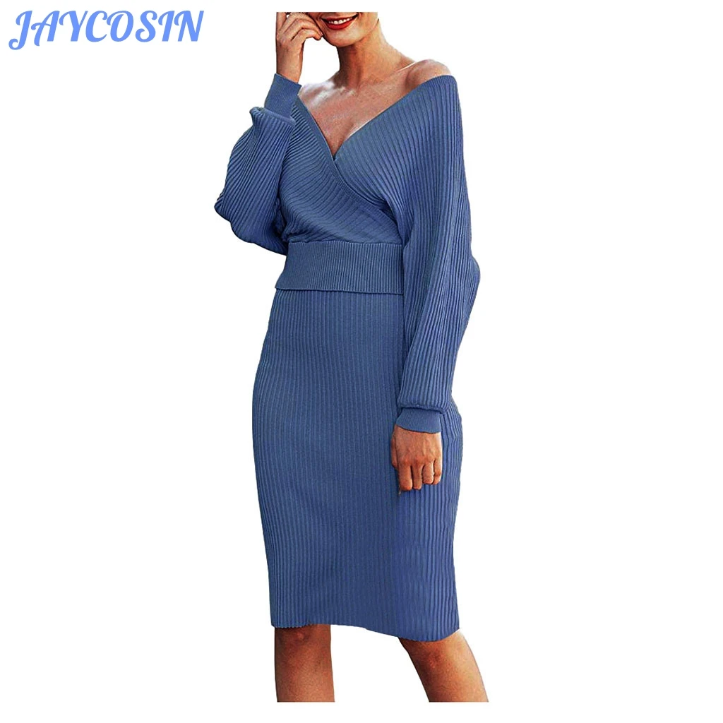 JAYCOSIN Clothes 2PCS Women Sets Knit Sweater Dress V Neck Batwing Sleeve Crop Top And Long Skirt 2 Piece Outfits | Женская одежда