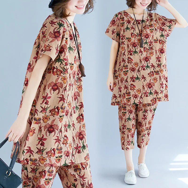 

2019 Summer New Style Cotton Linen Large Size Set Tops + Pants