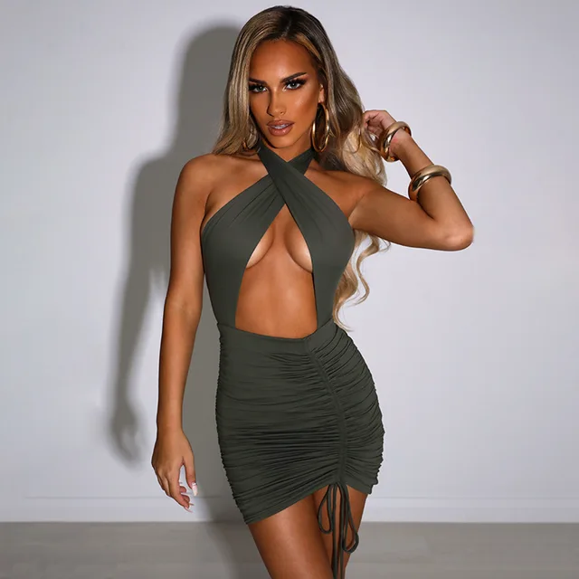 Simenual Drawstring Halter Neck Party 