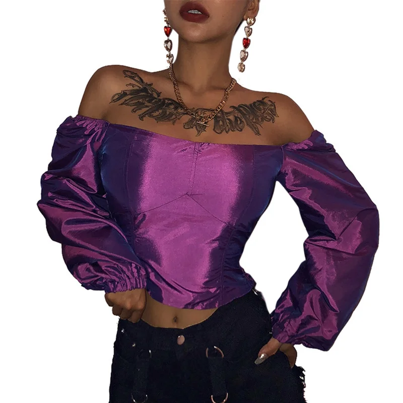 

Womens Tops and Blouses Vintage Solid Slash Neck Long Sleeve Shirt Elegant Lantern Sleeve Tunic Top Purple Satin Shirt Blouse