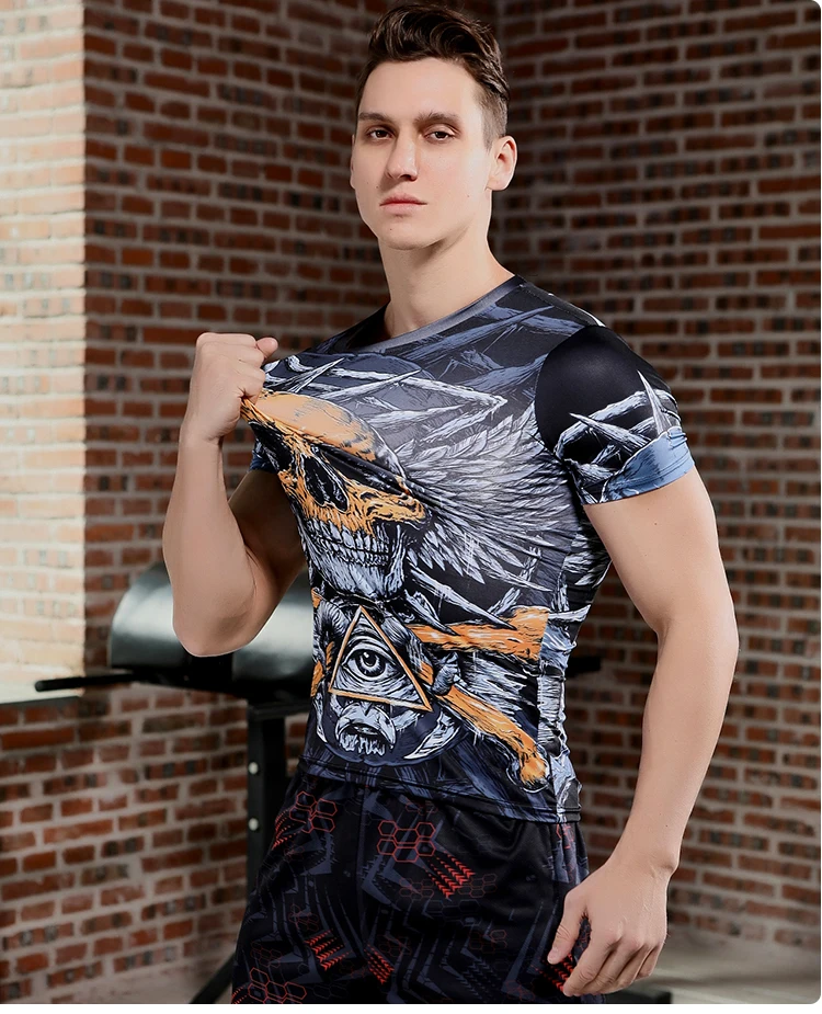 Herren-Kompressionsshirt mit Skelett-Grafikdruck, Fitnessbekleidung für Sporttraining – Detail 9