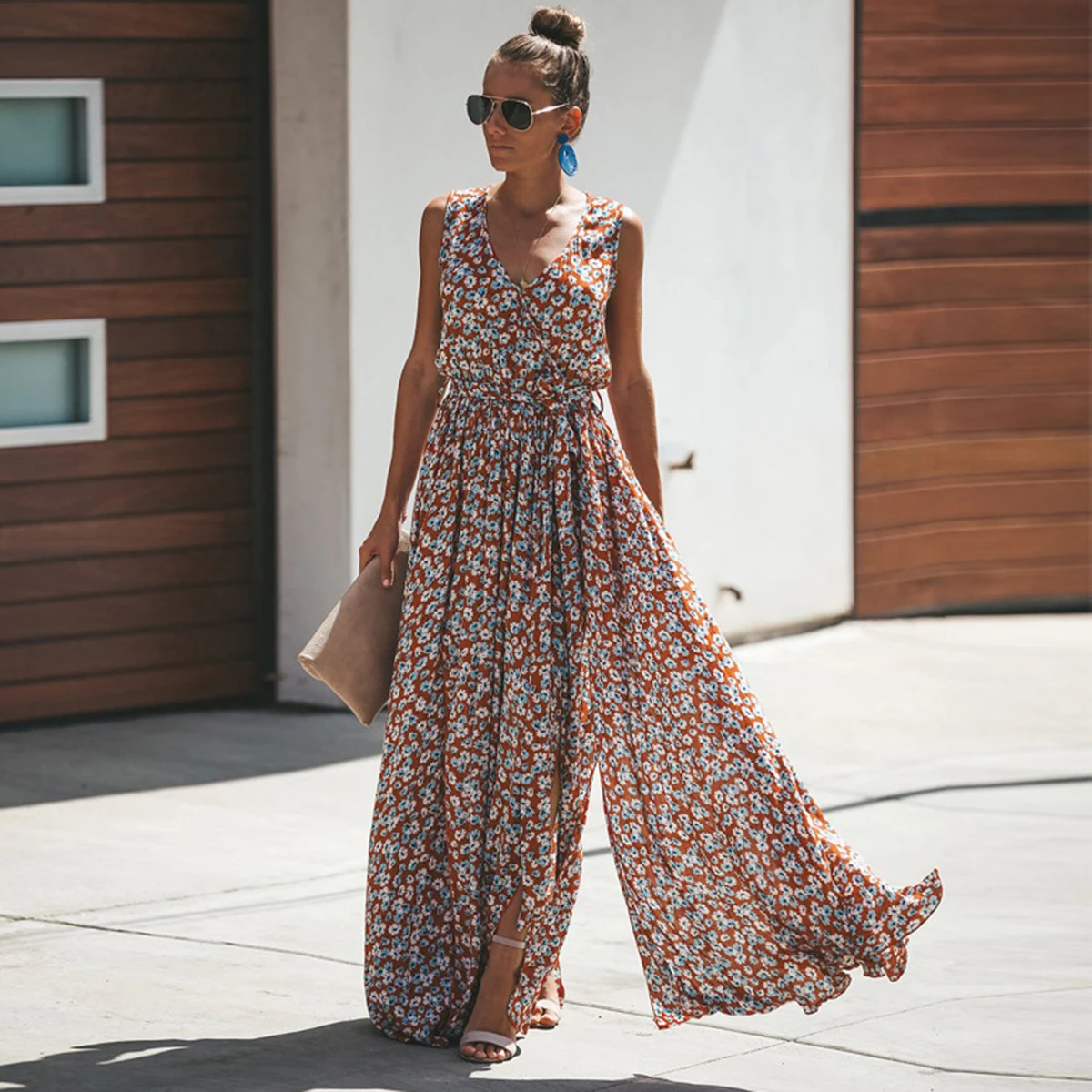 

Vintage Boho Floral Print Women Maxi Dress Summer 2019 Irregular V Neck Bandage Furcal Sliting Dresses Retro Ethnic Loose Dress