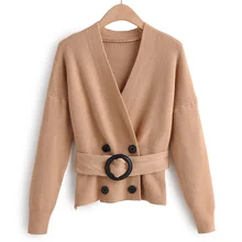 RR, двубортный свитер, женский, модный, v-образный вырез, галстук, пояс, талия, свитер, женский, элегантный, с высокой талией, свитера, для женщин, для девушек, IR