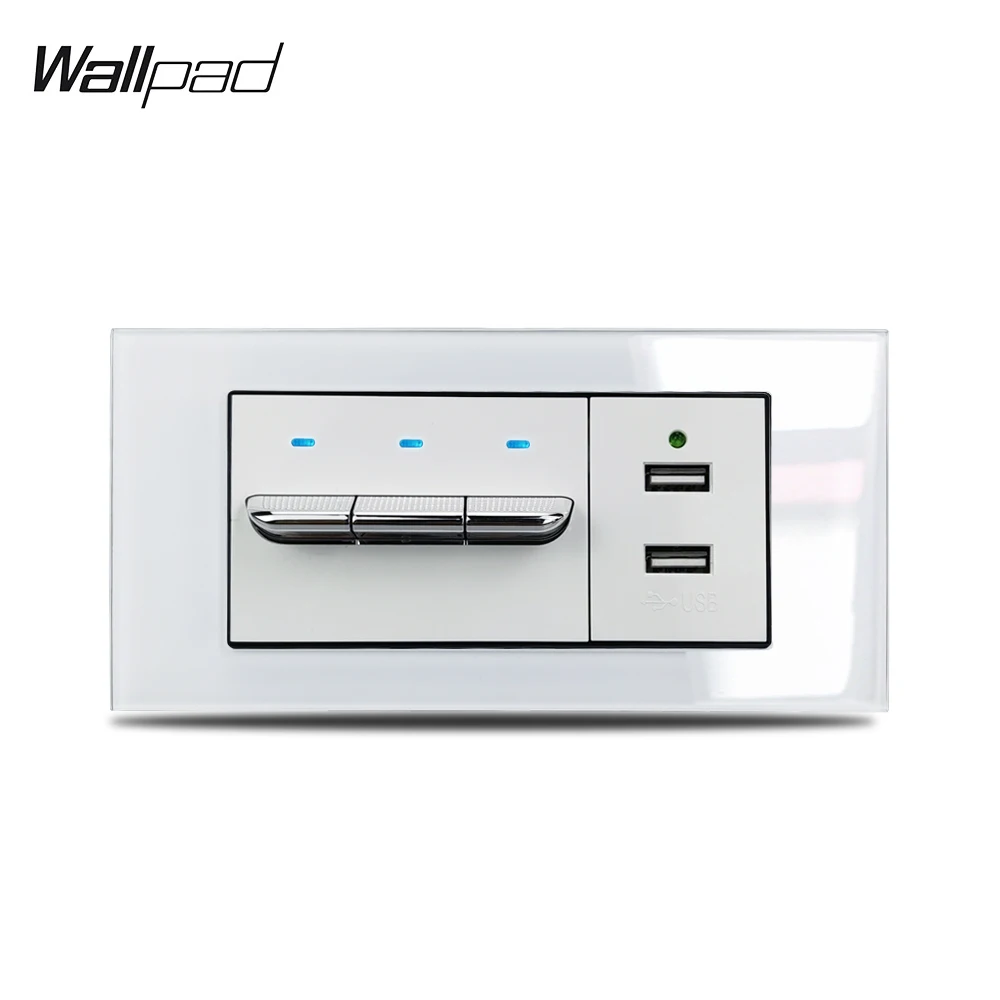 153*75mm 3 Gang Kippschalter und USB Buchse Wallpad L3 Weiß Glas Panel 16A 3 Licht Taste und Doppel USB Ladegerät mit LED