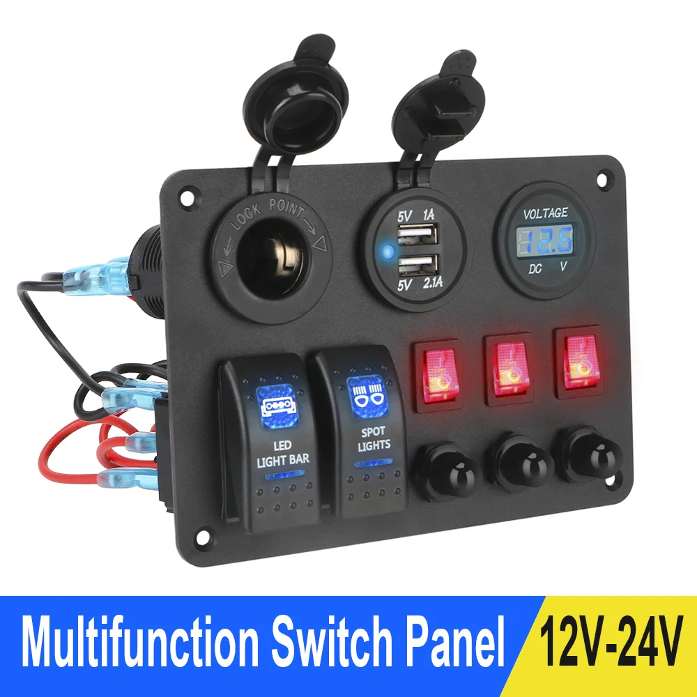 12/24V 3 Gang Car Boat RV Blue LED Rocker Switch Panel 2-USB Circuit Breaker Kit 