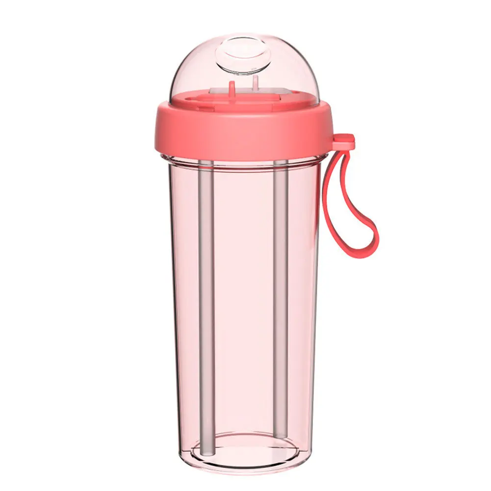 420/600ml Portable Dual Straw Separate Plastic Sport Drink Water Beverage Bottle Couples Gift Food Grade Plastic Anti-leak - Цвет: Pink 600ml